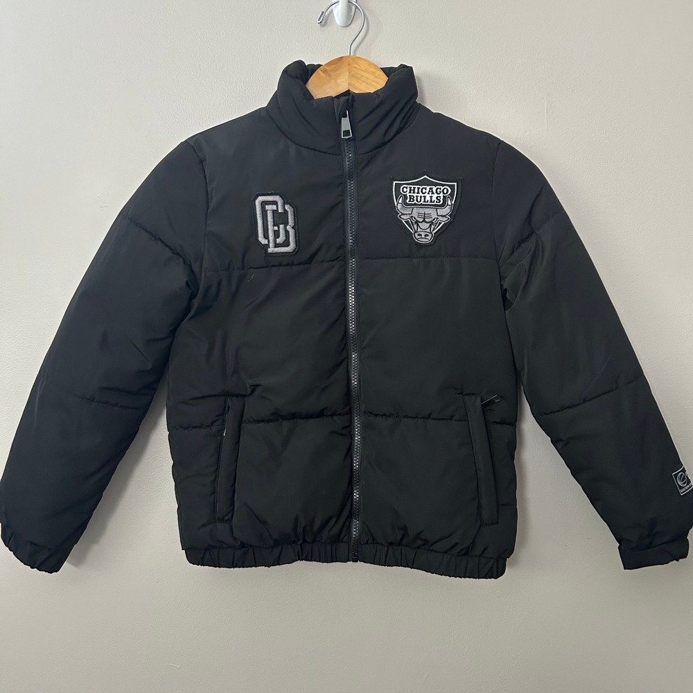 NBA Chicago Bulls Jacket Kids 9-10 Black Bomber Puffer Zip Up Basketball Coat